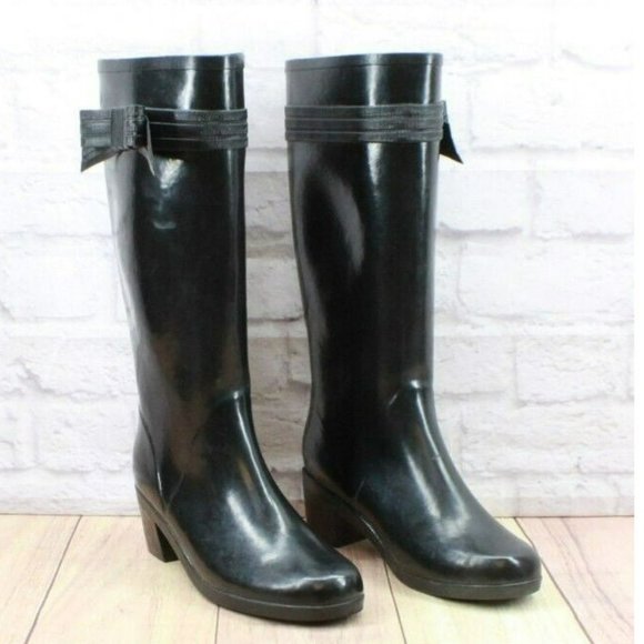 Kate Spade Black Glossy Rubber Pull On Knee High Rain Boots Size 9 - Picture 3 of 10